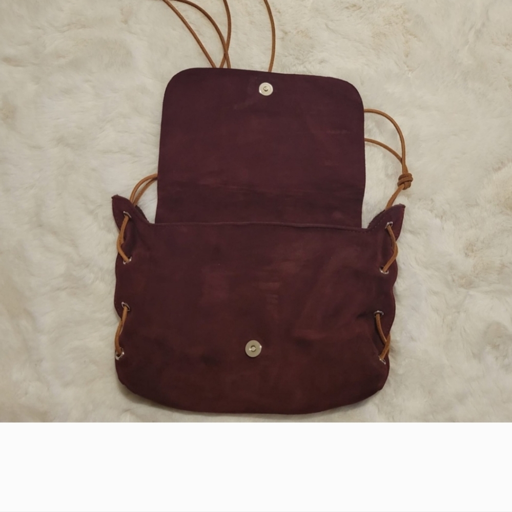 Zimmermann, Maroon Burgundy Suede Leather Purse With Tan Suede Shoulder Strap - Picture 3 of 7
